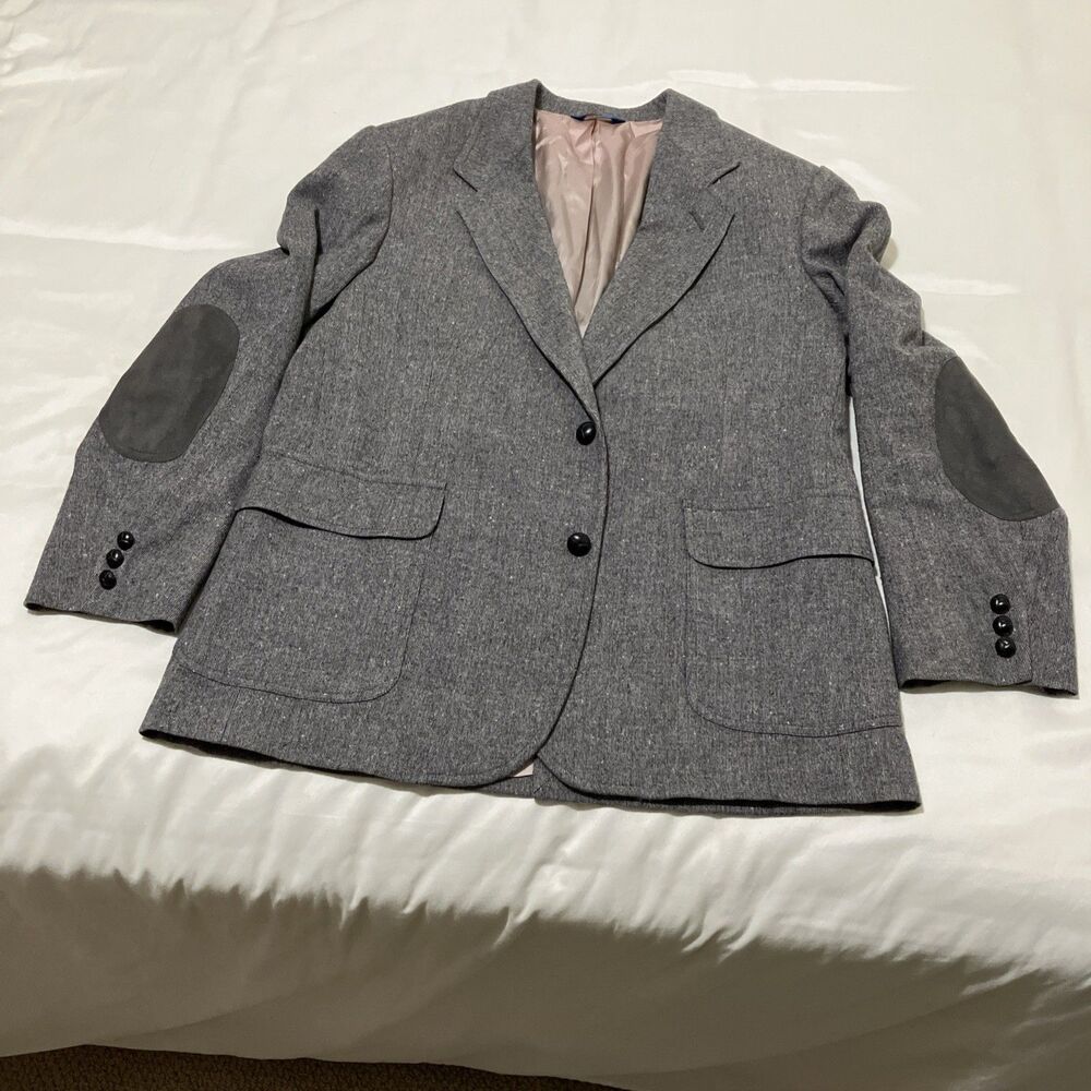 Pendleton Tweed Sport Coat Blazer Men 44 Gray Elbow Patches 100% Virgin Wool